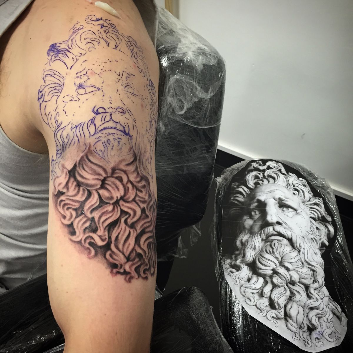 Zeus tattoo in progress